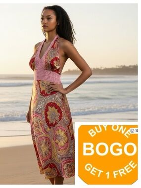 Satin halter slip dress with crochet accent size M
Made in Bali